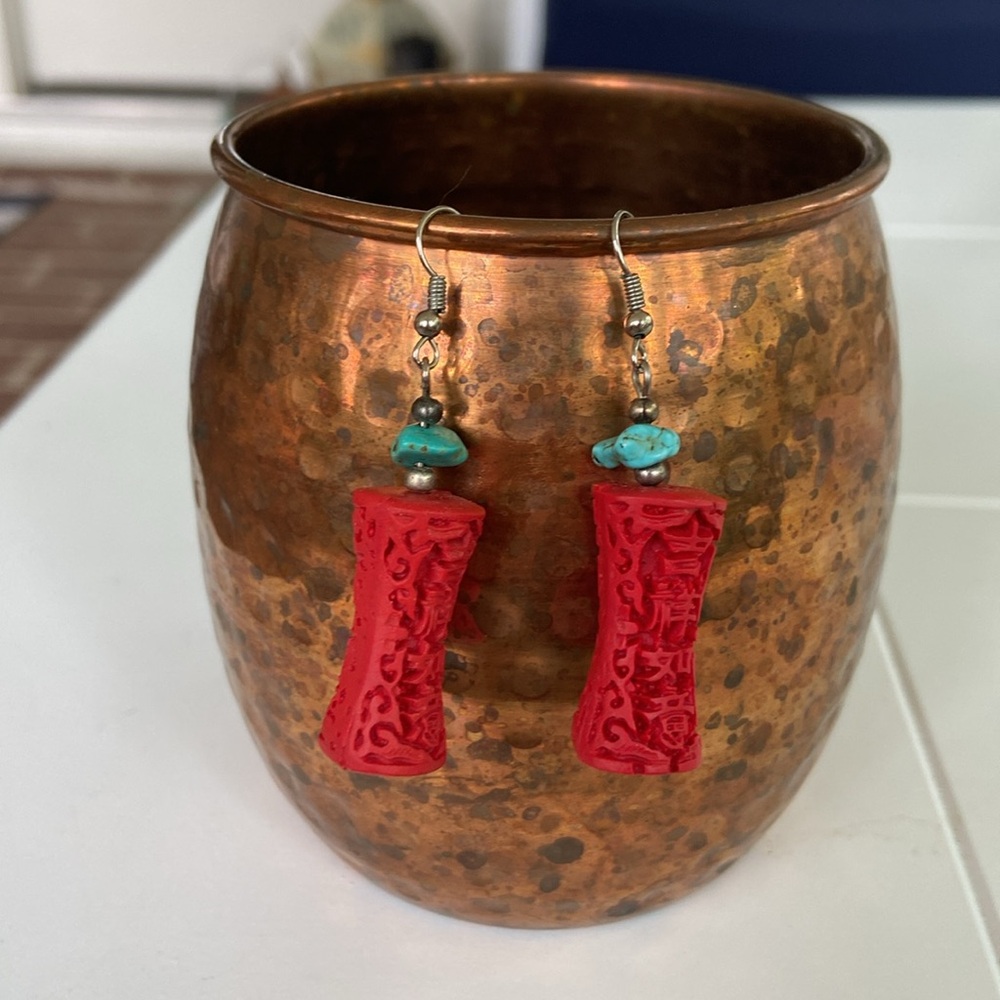 Cinnabar Vintage Red and Turquoise Earrings - Picture 6 of 9